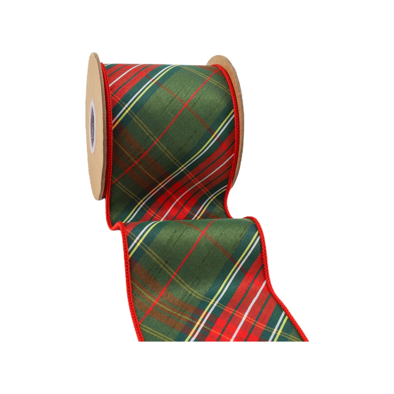 LaRibbons 4" - 2 1/2" Wired Dupioni Ribbon | Red/Dark Green Plaid Bias Cut Double-Fused Red Backing | 5 Yard Roll